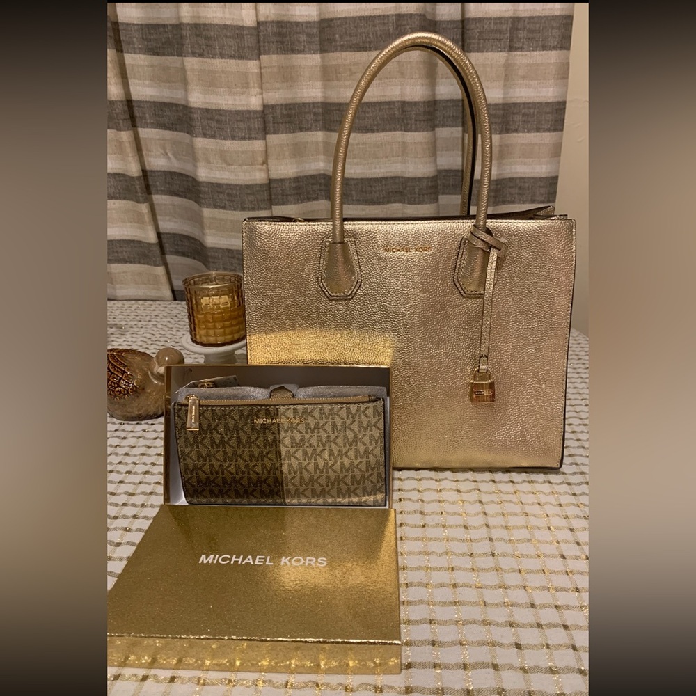 Michael kors gold color handbag and wallet